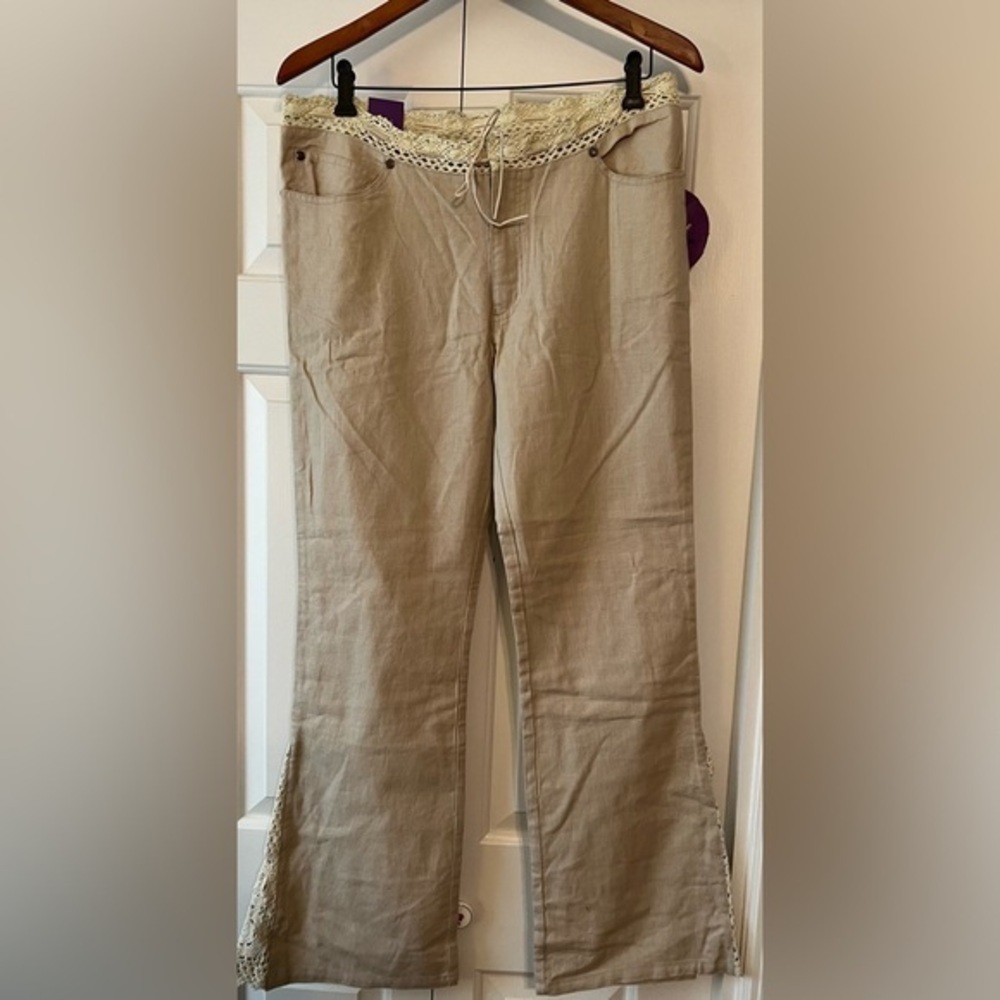Gypsy Jeans Women's Khaki Linen Blend Crochet Bell Bottom Pants NWT 11/12 #1711